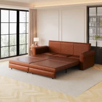 94" 3-in-1 Convertible Sleeper Sofa with Nailhead Trim & Rolled Arm, Chesterfield Sofa, Multi-Functional, 94" L x 35.5" W x 38.5" H, Light Brown(m-1)