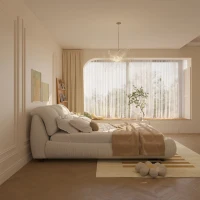 Queen Size Upholstered Bed with Oversized Padded Backrest, Solid Wood Frame, Adjustable Mattress Heights, 96.5" L x 70" W x 43.5" H, Beige(m-9)