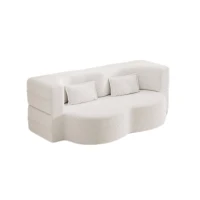 Convertible Teddy Fabric Foam-Filled Sleeper Sofa Bed with 2 Pillows, Modern Floor Sofa, Folding Mattress, 78"L x 45"W x 30"H, White(m-2)
