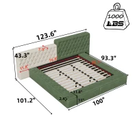 King Contemporary Special-Shaped Upholstered Bed with Deep Button Tufting, Storage Compartments, 123.5" L x 101" W x 43.5" H, Green(m-3)
