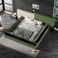 King Contemporary Special-Shaped Upholstered Bed with Deep Button Tufting, Storage Compartments, 123.5" L x 101" W x 43.5" H, Green(m-10)