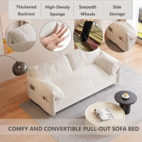 64" 3-in-1 Convertible Sleeper Sofa with Side Storage, Multi-Functional Velvet Loveseat Bed, 64" L x 33.5" W x 36" H, Beige(m-4)