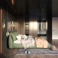 King Size Upholstered Bed with Oversized Padded Backrest, Solid Wood Frame, Adjustable Mattress Heights, 96.5" L x 86" W x 43.5" H, Green(m-8)