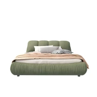 Queen Size Upholstered Bed with Oversized Padded Backrest, Solid Wood Frame, Adjustable Mattress Heights, 96.5" L x 70" W x 43.5" H, Green(m-11)