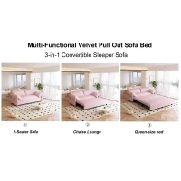 64" 3-in-1 Convertible Sleeper Sofa with Side Storage, Multi-Functional Velvet Loveseat Bed, 64" L x 33.5" W x 36" H, Pink(m-4)