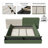 King Contemporary Special-Shaped Upholstered Bed with Deep Button Tufting, Storage Compartments, 123.5" L x 101" W x 43.5" H, Green(m-6)