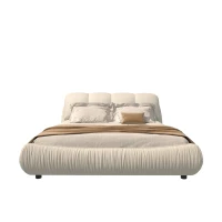 Queen Size Upholstered Bed with Oversized Padded Backrest, Solid Wood Frame, Adjustable Mattress Heights, 96.5" L x 70" W x 43.5" H, Beige(m-11)
