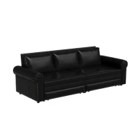 94" 3-in-1 Convertible Sleeper Sofa with Nailhead Trim & Rolled Arm, Chesterfield Sofa, Multi-Functional, 94" L x 35.5" W x 38.5" H, Black(m-2)