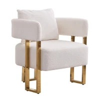 Modern Living Room Side Chair with Gold Metal Legs, Teddy Fleece Upholstered, Ergonomic Design, 26" L x 24.5" W x 27" H, White+Gold(m-9)