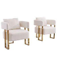 2-Set Living Room Teddy Fleece Upholstered Side Chair with Gold Metal Legs, Modern Decorative Chair, 26" L x 24.5" W x 27" H, White+Gold(m-10)