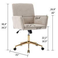 Modern Height Adjustable 360° Armchair with Ergonomic Design, Corduroy Office Desk Chair with Gold Base, 25" L x 23.5" W x 38.5" H, Creamy White(m-3)
