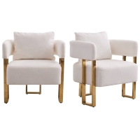 2-Set Living Room Teddy Fleece Upholstered Side Chair with Gold Metal Legs, Modern Decorative Chair, 26" L x 24.5" W x 27" H, White+Gold