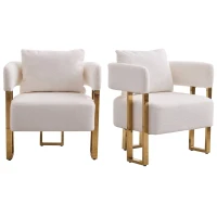 2-Set Living Room Teddy Fleece Upholstered Side Chair with Gold Metal Legs, Modern Decorative Chair, 26" L x 24.5" W x 27" H, White+Gold(m-2)