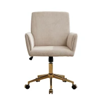 Modern Height Adjustable 360° Armchair with Ergonomic Design, Corduroy Office Desk Chair with Gold Base, 25" L x 23.5" W x 38.5" H, Creamy White(m-2)