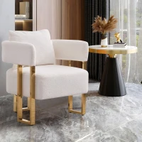Modern Living Room Side Chair with Gold Metal Legs, Teddy Fleece Upholstered, Ergonomic Design, 26" L x 24.5" W x 27" H, White+Gold(m-5)