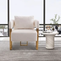 2-Set Living Room Teddy Fleece Upholstered Side Chair with Gold Metal Legs, Modern Decorative Chair, 26" L x 24.5" W x 27" H, White+Gold(m-4)