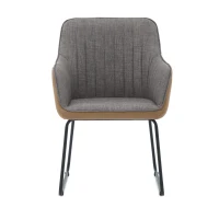 Leather Splicing Linen Dining Chair with Cushioned Seat and Metal Legs, Ergonomic Armchair, 25" L x 23" W x 33" H, Light Grey+Camel Oak(m-2)