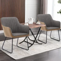 Leather Splicing Linen Dining Chair with Cushioned Seat and Metal Legs, Ergonomic Armchair, 25" L x 23" W x 33" H, Light Grey+Camel Oak(m-5)