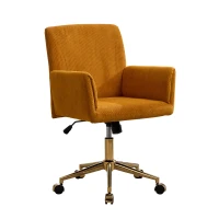 Height Adjustable 360° Armchair with Gold Base and Ergonomic Design, Modern Corduroy Office Desk Chair, 25" L x 23.5" W x 38.5" H, Yellow(m-9)