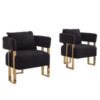 2-Set Living Room Teddy Fleece Upholstered Side Chair with Gold Metal Legs, Modern Decorative Chair, 26" L x 24.5" W x 27" H, Black+Gold(m-10)