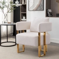 Modern Living Room Side Chair with Gold Metal Legs, Teddy Fleece Upholstered, Ergonomic Design, 26" L x 24.5" W x 27" H, White+Gold(m-4)