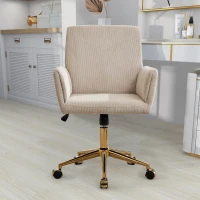 Modern Height Adjustable 360° Armchair with Ergonomic Design, Corduroy Office Desk Chair with Gold Base, 25" L x 23.5" W x 38.5" H, Creamy White(m-4)