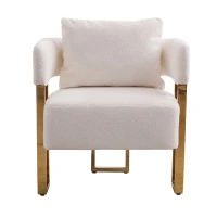 Modern Living Room Side Chair with Gold Metal Legs, Teddy Fleece Upholstered, Ergonomic Design, 26" L x 24.5" W x 27" H, White+Gold(m-2)