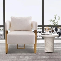 Modern Living Room Side Chair with Gold Metal Legs, Teddy Fleece Upholstered, Ergonomic Design, 26" L x 24.5" W x 27" H, White+Gold(m-1)