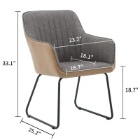 Leather Splicing Linen Dining Chair with Cushioned Seat and Metal Legs, Ergonomic Armchair, 25" L x 23" W x 33" H, Light Grey+Camel Oak(m-3)