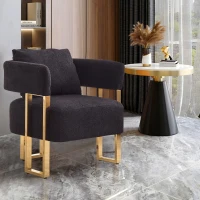 2-Set Living Room Teddy Fleece Upholstered Side Chair with Gold Metal Legs, Modern Decorative Chair, 26" L x 24.5" W x 27" H, Black+Gold(m-6)