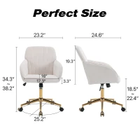Adjustable Ergonomic Swivel Chair with Velvet Cushion and Lumbar Support, Office Chair with Golden Base, 25" L x 23" W x 38" H, Beige(m-3)