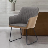 Leather Splicing Linen Dining Chair with Cushioned Seat and Metal Legs, Ergonomic Armchair, 25" L x 23" W x 33" H, Light Grey+Camel Oak(m-1)