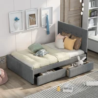 Vinsetto Full Size Linen Upholstered Platform Bed with Headboard and 2 Drawers, Solid Wood Frame, Built-in Slats, 79" L x 58" W x 47" H, Gray(m-4)
