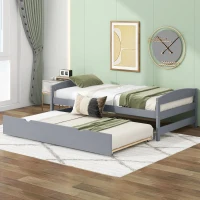 Twin Size Platform Bed with Twin Size Trundle, Headboard and Footboard, Sturdy Pine Wood Construction, 77.5" L x 40.5" W x 22" H, Gray(m-1)