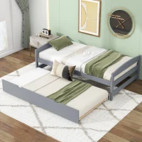 Twin Size Platform Bed with Twin Size Trundle, Headboard and Footboard, Sturdy Pine Wood Construction, 77.5" L x 40.5" W x 22" H, Gray(m-5)