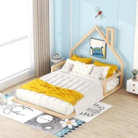 Full Size Wood Floor Bed with House-Shaped Headboard, Sturdy Pine Wood Construction, Easy Assembly, 78" L x 56.5" W x 46.5" H, Natural(m-4)