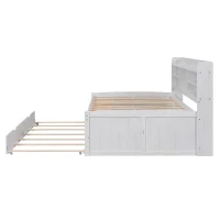 Classic Style Full Size Wooden Captain Bed with Built-in Bookshelves, 3 Storage Drawers, and Trundle, 79" L x 104.5" W x 47" H, White(m-13)