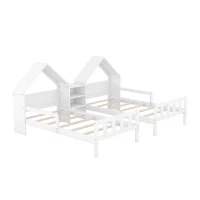 Double Twin Size Platform Bed with House-Shaped Headboard, Built-in Nightstand, Solid Wood Construction, 99.5" L x 78" W x 48" H, White(m-2)