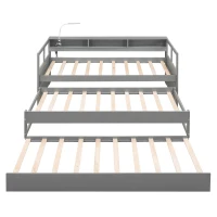 Twin XL Wood Daybed with 2 Trundles, 3 Storage Cubbies, Free Light and USB Charging, 82" L x 129.5" W x 35.5" H, Gray(m-12)