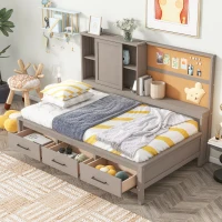 Twin Size Lounge Daybed with Storage Shelves, Cork Board, USB Ports, and 3 Drawers, 78.5" L x 50" W x 51" H, Antique Gray(m-5)