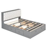 Wood Queen Size Platform Bed with Storage Headboard, Shoe Rack, and 4 Drawers, 90.5" L x 63" W x 43" H, Gray(m-2)