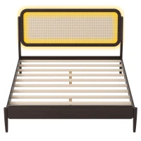 Vinsetto Queen Size Wood Storage Platform Bed with LED Light, Rattan Headboard, No Box Spring Needed, 84.5" L x 63" W x 39.5" H, Antique Espresso(m-8)