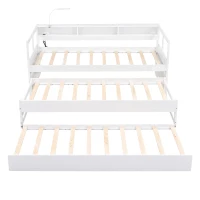 Twin XL Wood Daybed with 2 Trundles, 3 Storage Cubbies, USB Charging Design, and Free Light, 82" L x 129.5" W x 35.5" H, White(m-14)