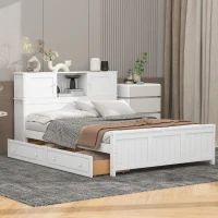 Vinsetto Full Size Platform Bed with Storage Headboard, Sliding Door, and 2 Drawers, Solid Wood and MDF, 89" L x 58" W x 42" H, White(m-5)