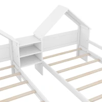 Double Twin Size Platform Bed with House-Shaped Headboard, Built-in Nightstand, Solid Wood Construction, 99.5" L x 78" W x 48" H, White(m-7)