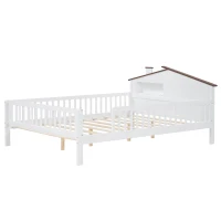 Full Size Wood Platform Bed with House-Shaped Headboard, LED Light, Built-in Storage, 82" L x 56" W x 36" H, White(m-10)