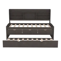 Classic Style Twin Size Wooden Captain Bed with Built-in Bookshelves, 3 Storage Drawers, and Trundle, 77.5" L x 88" W x 47" H, Antique Gray(m-7)