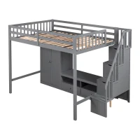 Full Size Loft Bed Frame with Wardrobe, Low Storage Table, Storage Staircase, Solid Wood and MDF, 93.5" L x 56.5" W x 65.5" H, Gray(m-10)