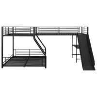 L-Shaped Twin over Full Bunk Bed with Twin Loft, Built-in Desk, Slide, Metal Frame, 117.5" L x 77.5" W x 53" H, Black