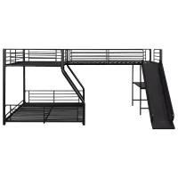 L-Shaped Twin over Full Bunk Bed with Twin Loft, Built-in Desk, Slide, Metal Frame, 117.5" L x 77.5" W x 53" H, Black(m-2)